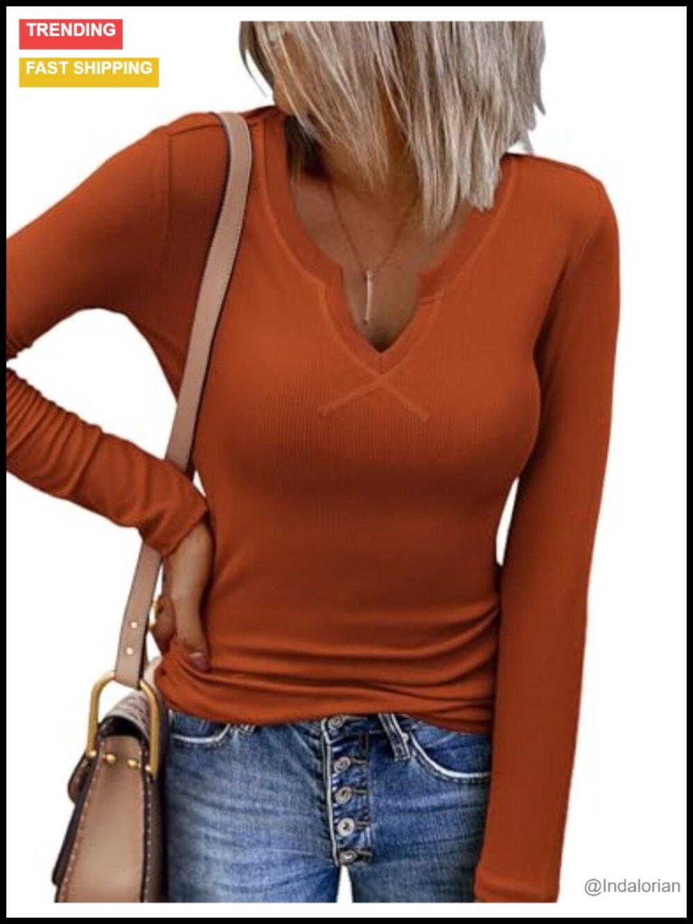 Women's Long Sleeve V-Neck Rib Knit Top, Slim Fit Stretch Tee, Casual Basic